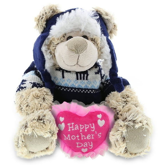 DolliBu Happy Mother's Day Super Soft Plush Polar Bear With Clothes - Cute Stuffed Animal with Pink Heart Message for Best Mommy, Grandma, Wife, Daughter - Cute Wild Life Plush Toy Gift - 9" Inches