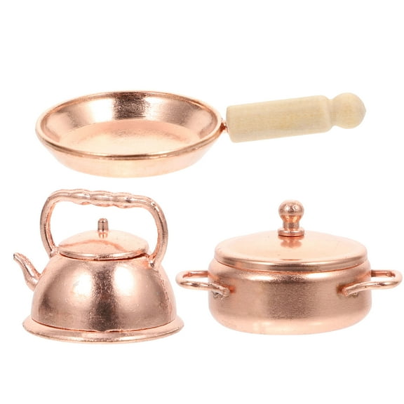 Supvox 3 Pcs Miniature Frying Pan Kettle Pot Kitchen Mini Baking Set for Doll House Golden