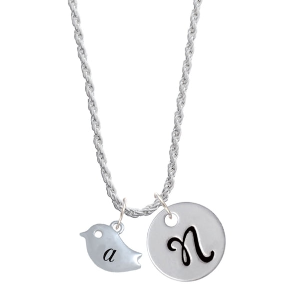 Delight Jewelry Silvertone Little Bird Initial - A - Silvertone Script Initial Disc - N - Charm Necklace, 20"+3"