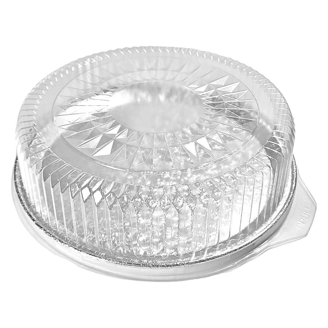 Bandejas redondas planas de aluminio para catering de 40,6 cm con tapas de cúpula transparentes - Bandejas desechables apilables para servir en fiestas, eventos y bufés (paquete de 5)
