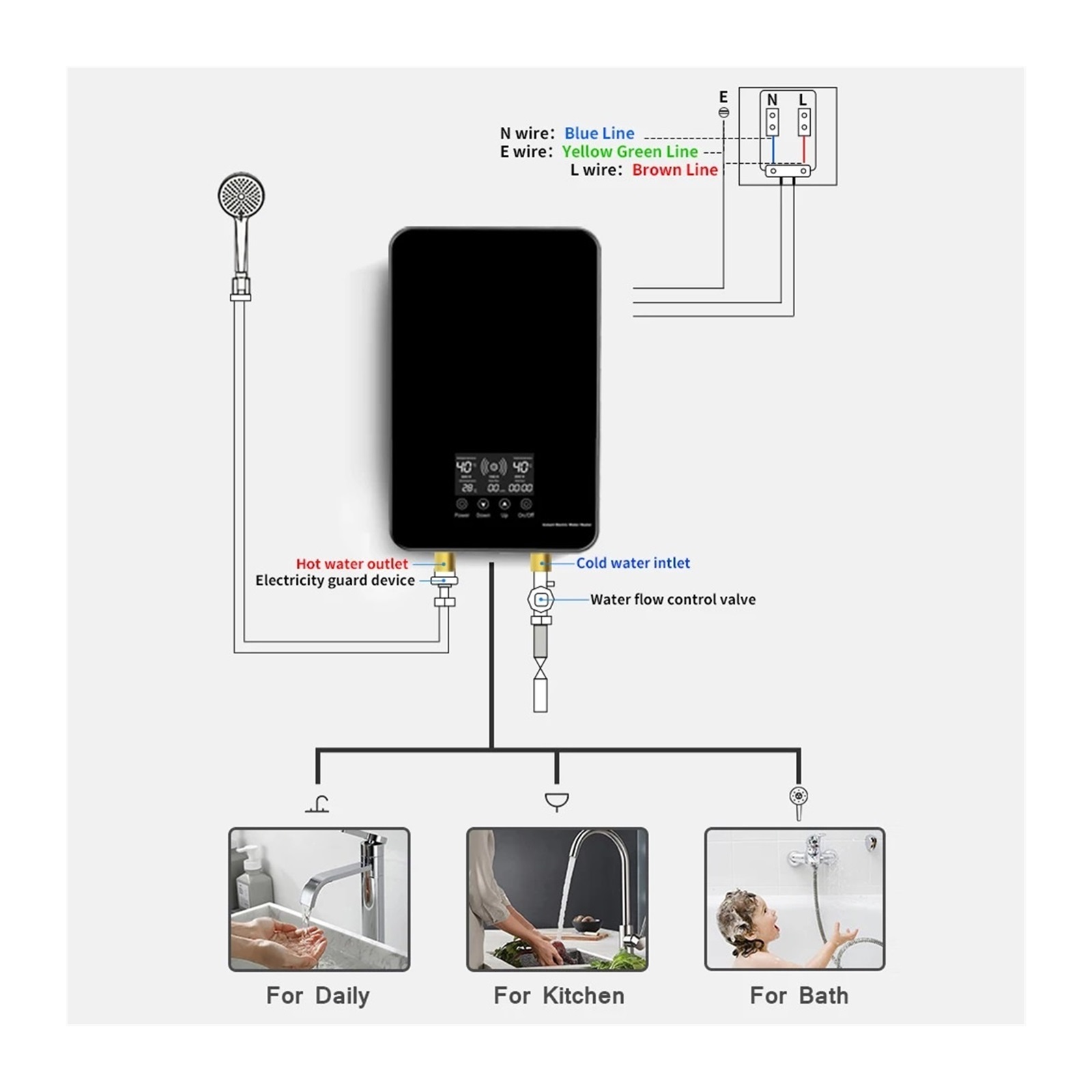 Instant Water Heater Shower Bathroom Faucets Kitchen Tap Electric Water Heater 8000W Digital Display Temperature Adjustable ,Lightweight Portable Design