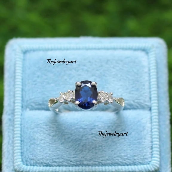 thejewelryart Blue Oval Sapphire Ring, Vintage Art Deco Style Sterling Silver Engagement Ring with CZ Accents, Anniversary Gift Silver 3