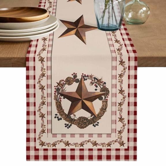 Table Runner 72 Inches Long for Kitchen Dining, Western Texas Star Vintage Dresser Scarf Farmhouse, Dining Table Decorations for Wedding/Parties, Rustic Wreath Red Beige Plaid 14 x 72 In