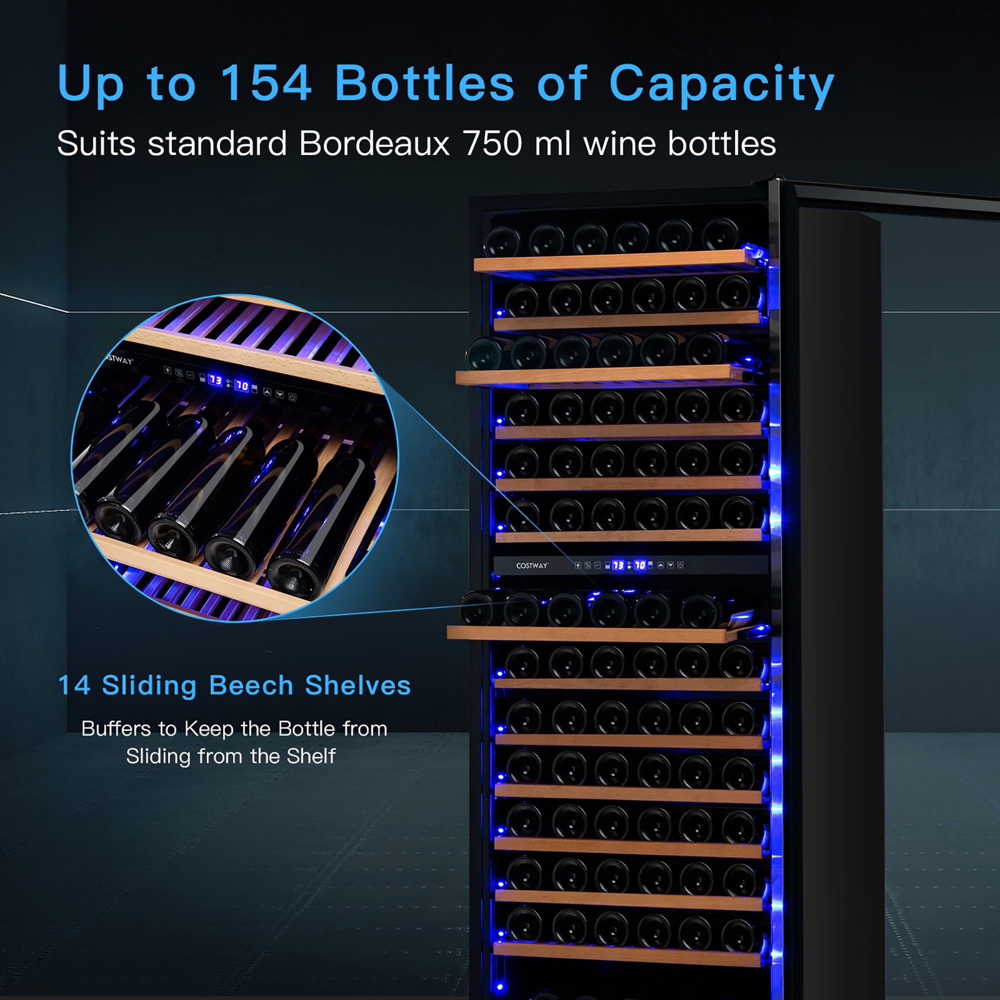 COSTWAY 20-Inch Wine Cooler Refrigerator, Dual Zone Wine Fridge with 8  Wooden Shelves for 43 Bottles of Wine, Freestanding Wine & Beverage