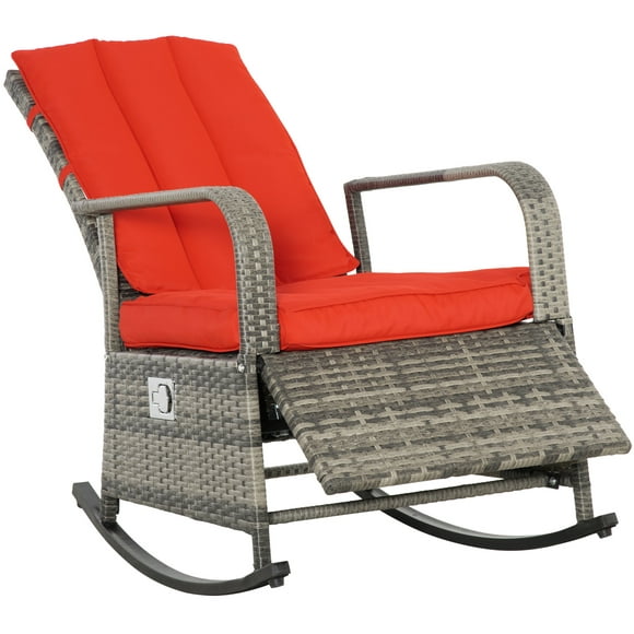 Outsunny Wicker Rocking Chair with Soft Cushion Adjustable Footrest Red