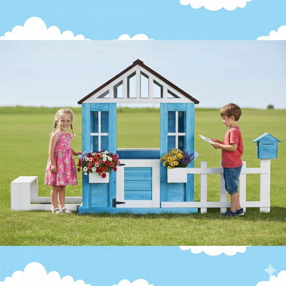 Outdoor Playhouse for Kids 3-8, Wooden Toddler Playhouse with Picnic Bench, Half Door, Mailbox, Flowerpot Holders, Outdoor Playset Toys for Backyard, Garden, Lawn, Gift for Boys Girls, Blue