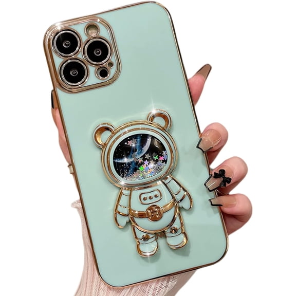Stress Relief 3D Quicksand Astronaut Stand Bling Phone Case for Xiaomi Mi Redmi Note 11 S T E R Pro Max 5G 4G, Unique Bracket Soft Cover, Shining Protective Shell(Green,Note 11 5G)