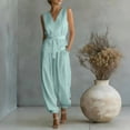 thumbnail image 4 of Pounoo Women's Jumpsuits V Neck Sleeveless Tie Waist Solid Jumpsuit Daily Wear Lightweight Breathable Loose Fit Casual Jumpsuits Gift, 4 of 7