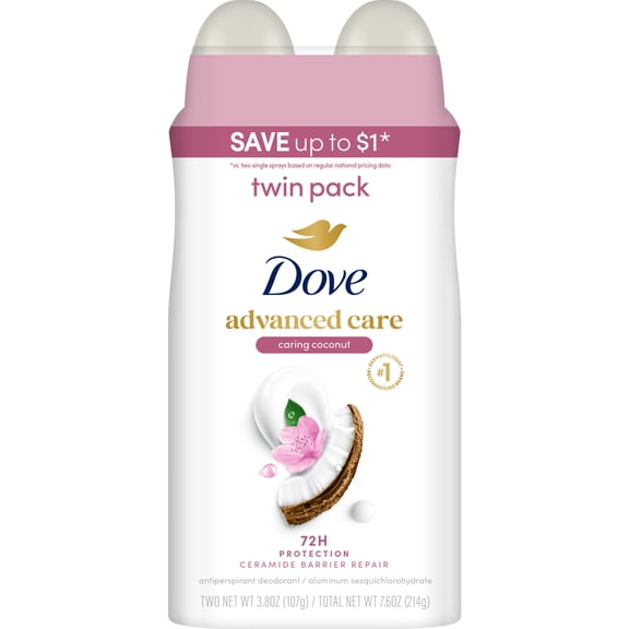 Dove Advanced Care Caring Coconut Dry Spray Antiperspirant, Twin Pack, 3.8 oz