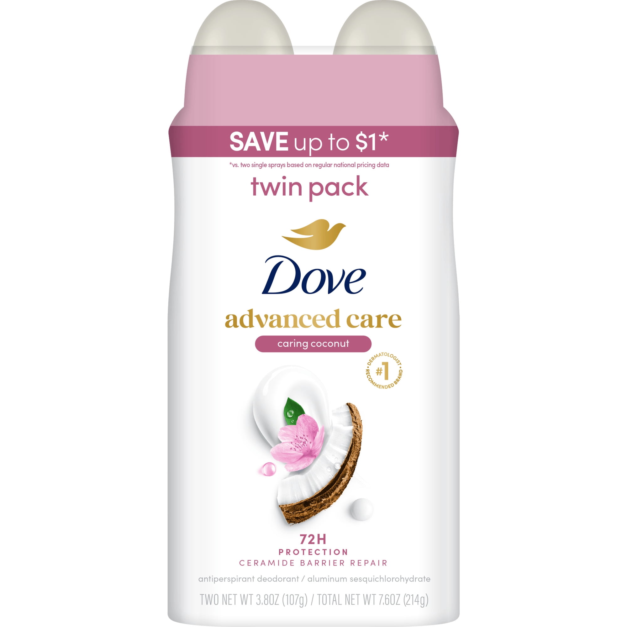 Dove Advanced Care Antiperspirant Deodorant Dry Spray To Help Your Skin Barrier Repair After Shaving Caring Coconut, 3.8 oz Twin Pack