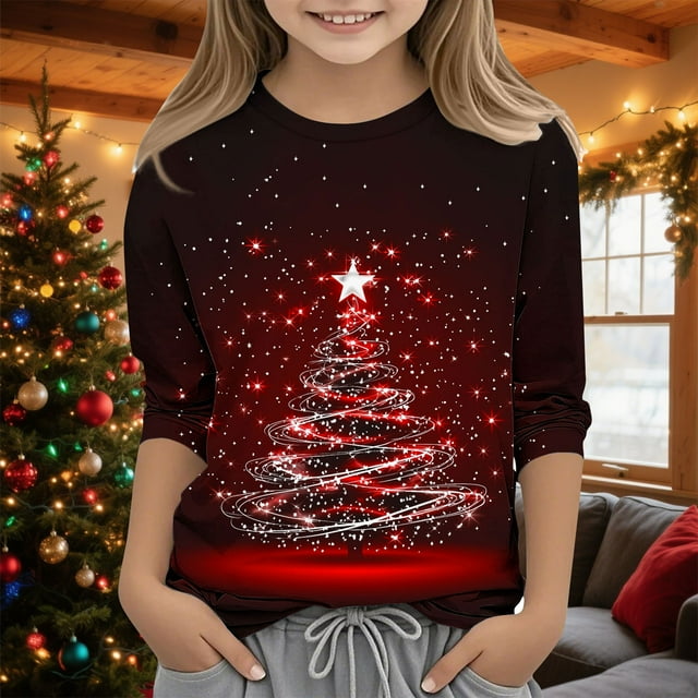 MKOSPLRT T-Shirts pour Enfants à Manches 3/4, Col Rond, T-Shirts Graphiques Arbre de Noël, T-Shirts Décontractés pour Fête de Noël, pour Fille Garçon 3-12 Ans
