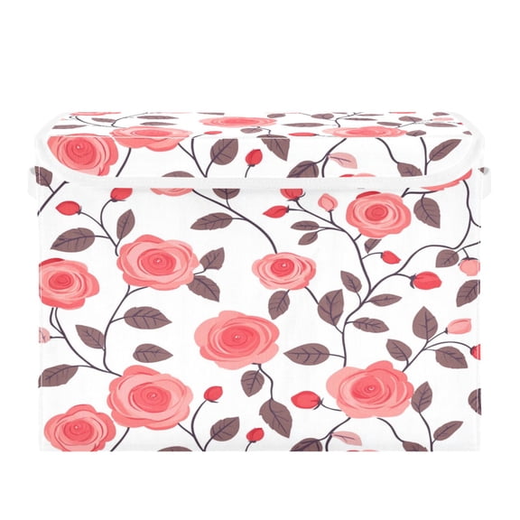 Storage Box With Lid 16.5x12.6x11.8In Foldable Stacked Household Storage Box Pink Roses Cute