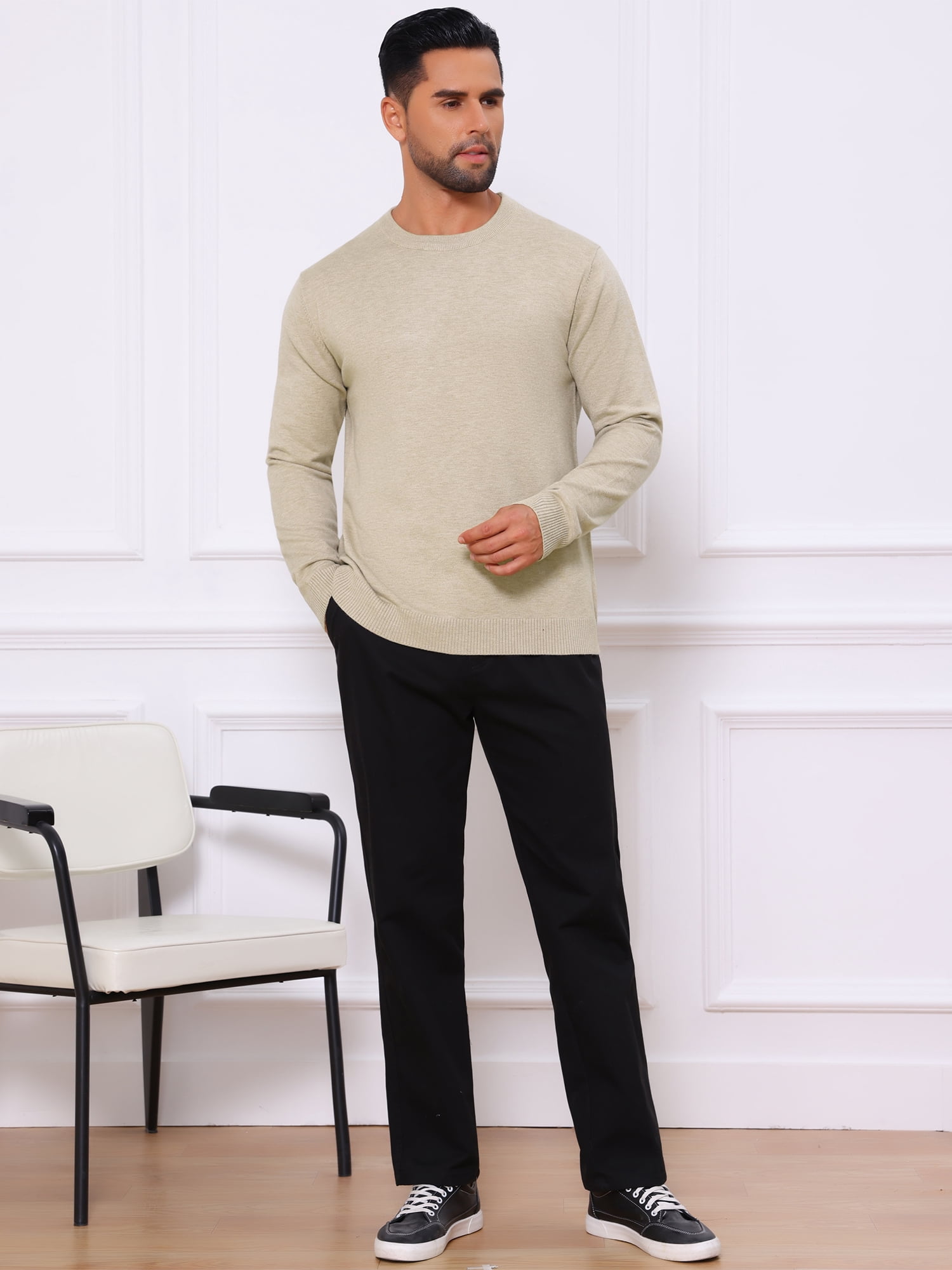 DARING DIVA Men's Solid Crew Neck Long Sleeve Soft Knit Pullover Sweater M Khaki