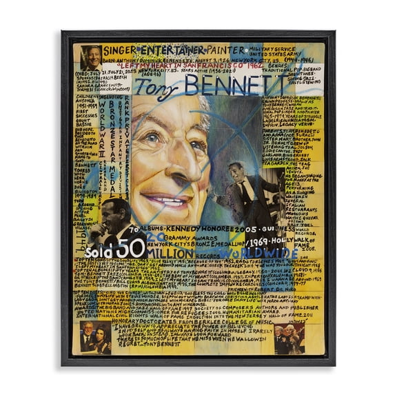 Stupell Industries Eclectic Tony Bennett Collage Black Floating Frame Canvas Art, 17 x 21, by Sabin
