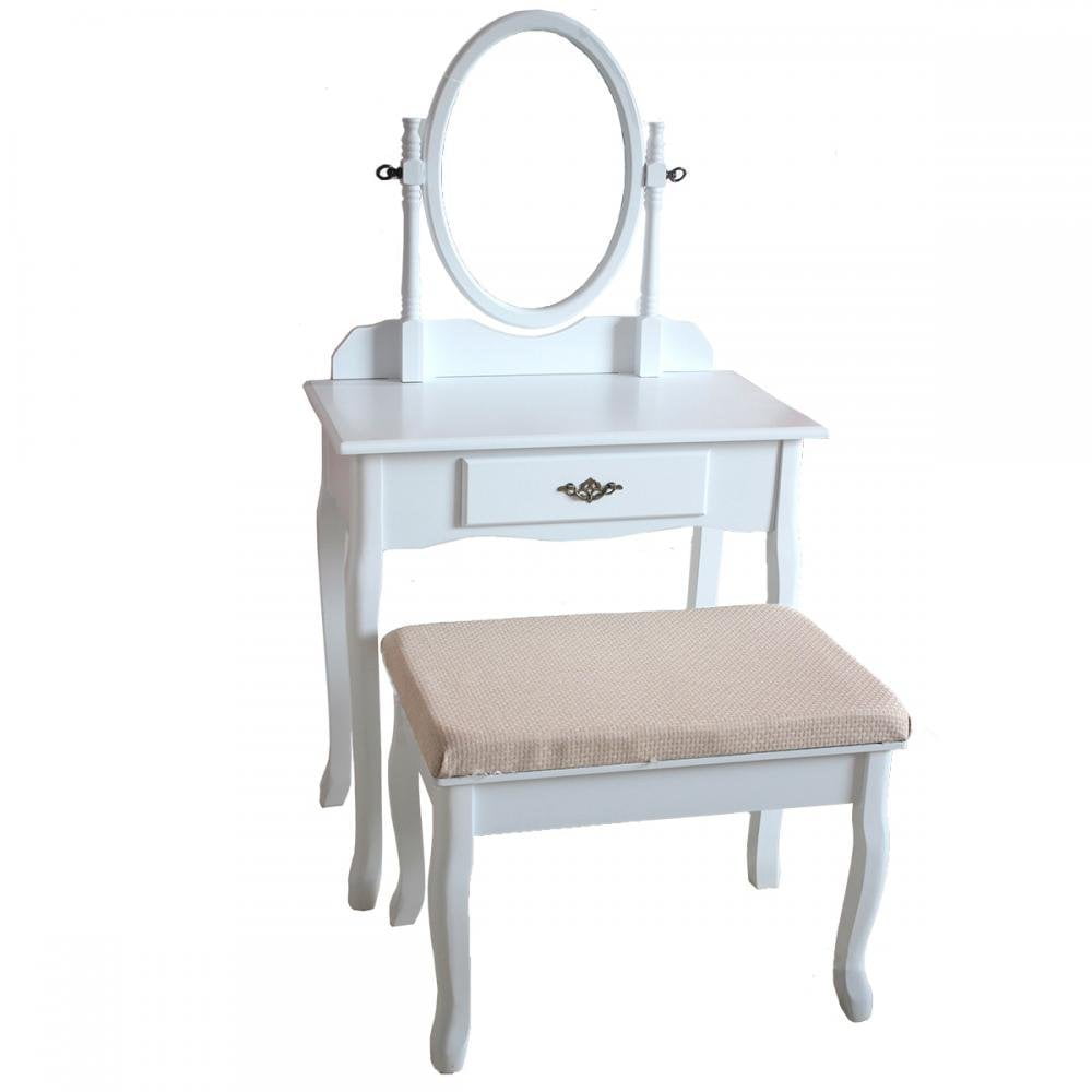 White Wood Vanity Drawer & Mirror Dressing Table Jewelry Makeup Set