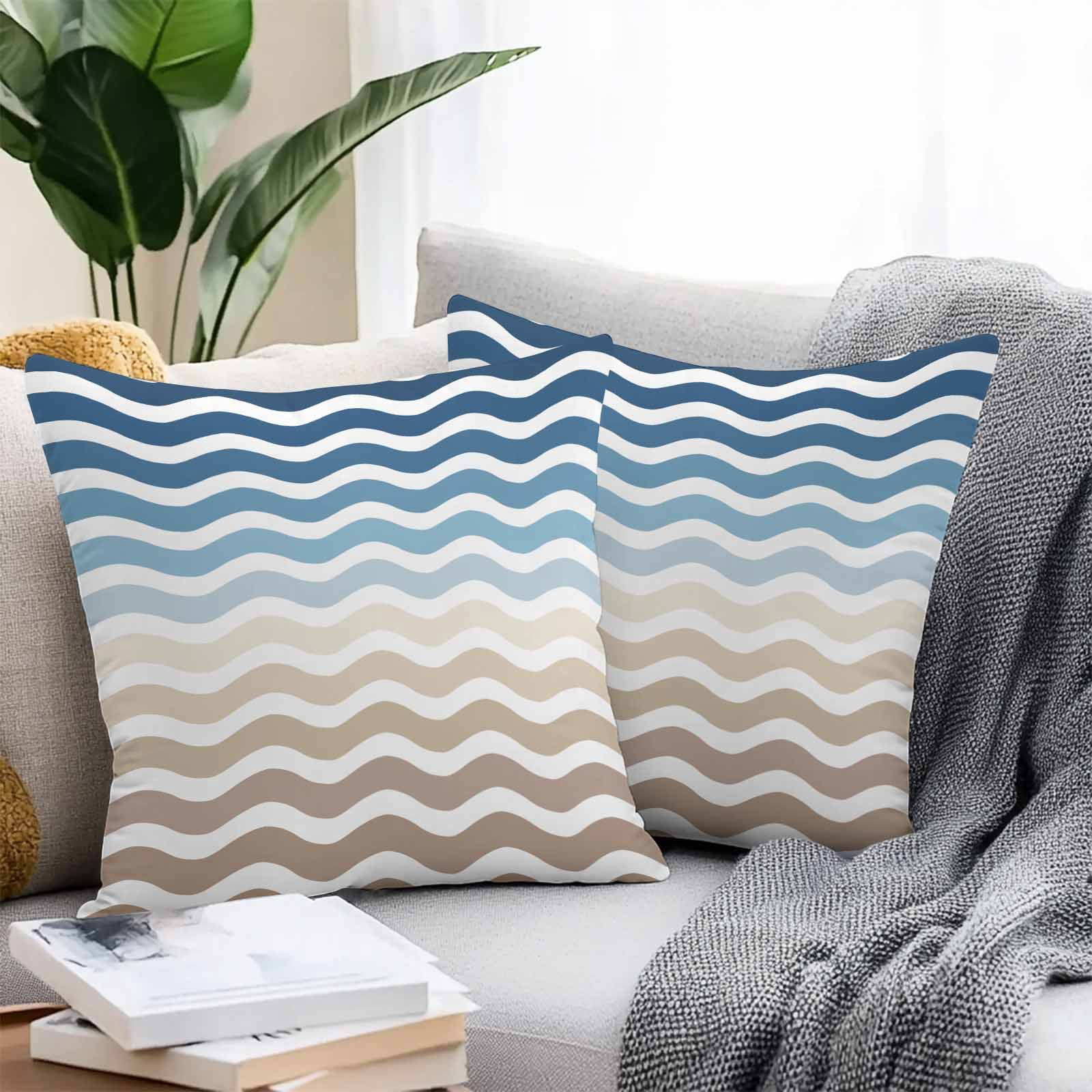 Blue Brown Gradient Outdoor Pillow Covers Set of 2 Water Ripple Waterproof Throw Pillow Case Decorative Square Cushion Cover for Patio Couch Garden Balcony, 18"x18"