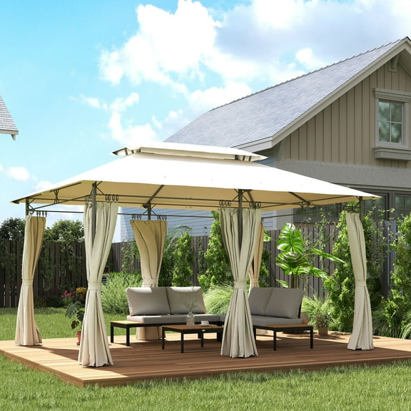 Outsunny 10' x 13' Patio Gazebo, Double Roof Outdoor Gazebo with Curtains and Metal Frame for Garden, Lawn, Backyard and Deck, Cream White