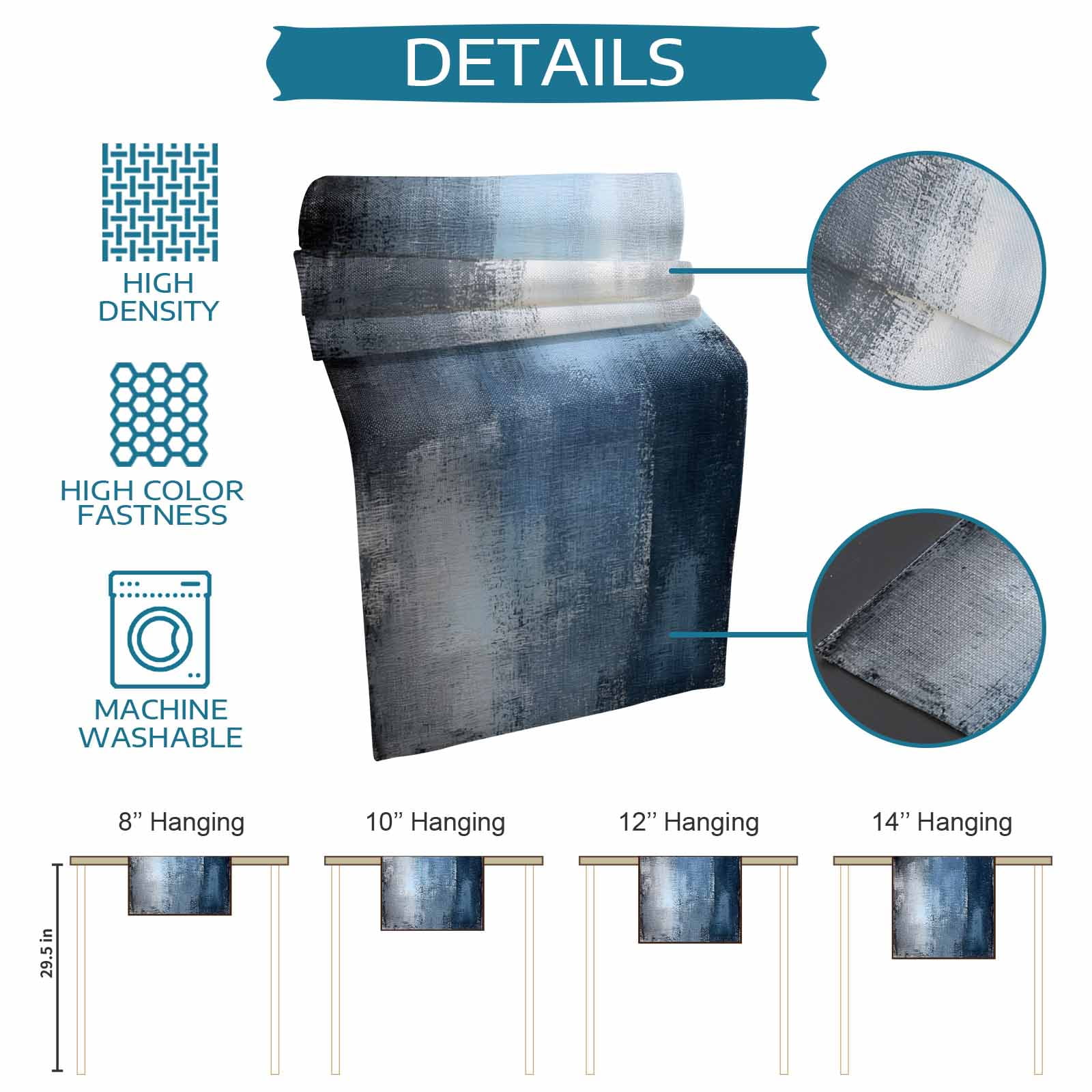 Blue Grey Table Runner, Modern Oil Painted Art Abstract Geometric Washable Cotton Linen Table Runners 90 Inches Long, Dresser Scarf Runner for Dining/Coffee/Kitchen/Hallway Tables 13''x90''