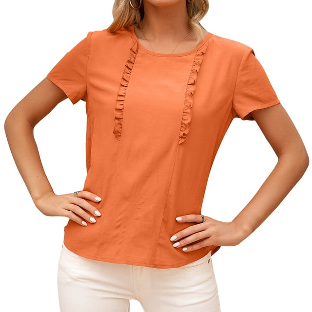 Guardurnaity Mujer Camiseta Verano Cuello Manga Corta Volantes Casual Top Suelto Prendas para la parte del cuerpo Naranja L