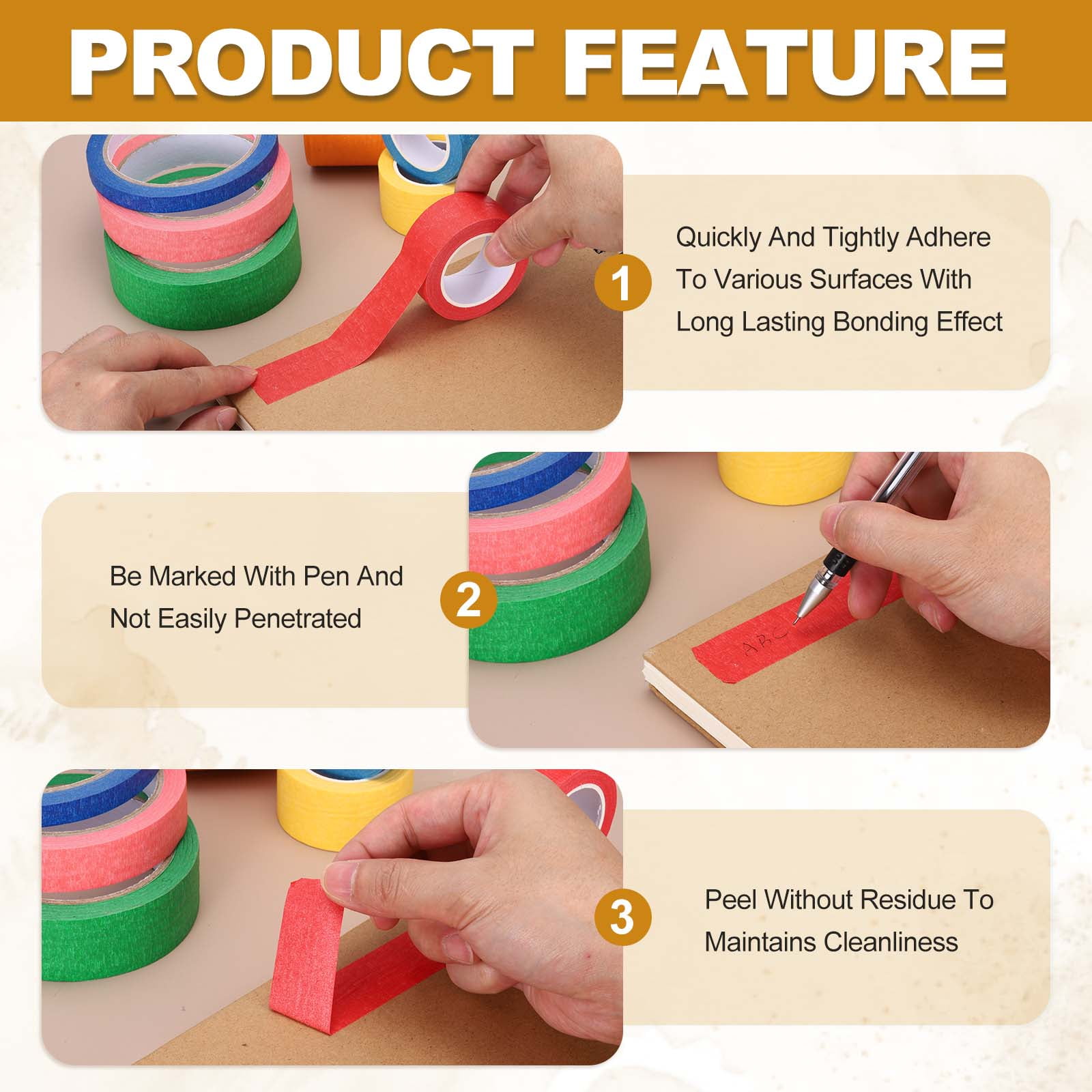 4pcs 1-3/16" x 22 Yard Colored Masking Tape, Yellow Orange Green