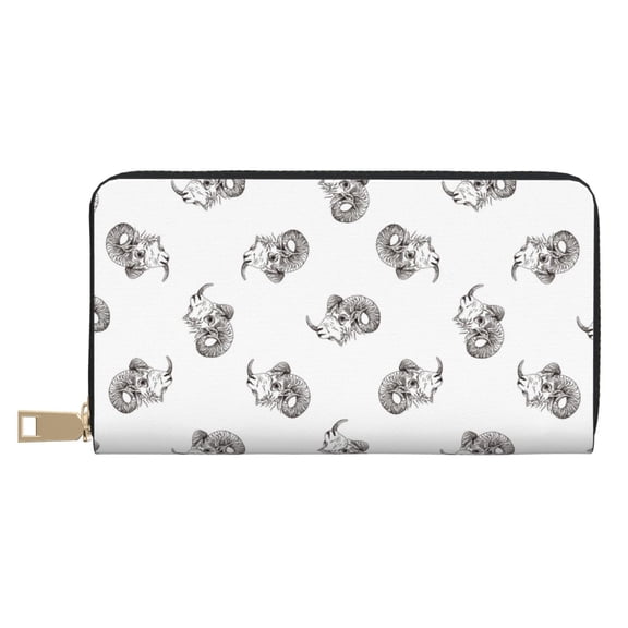 Leather Thin Slim Wallets for Women Men - Sketch Cool Goat Skull_A Clutch Card Wallet for Women Men with Zipper