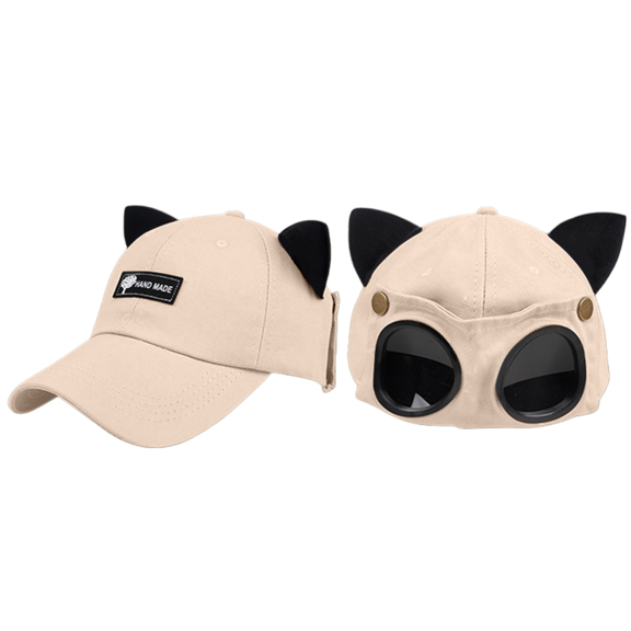 WGRFFH Unisex Retro‑Vintage Aviator‑Style Baseball Cap,Attached Flip‑Up‑Lens Integrated‑Goggles Peaked Hat,Cat Ears Trendy Hip‑Hop Casual Headwear for Outdoor Daily Going‑Out Cosplay Party Beige