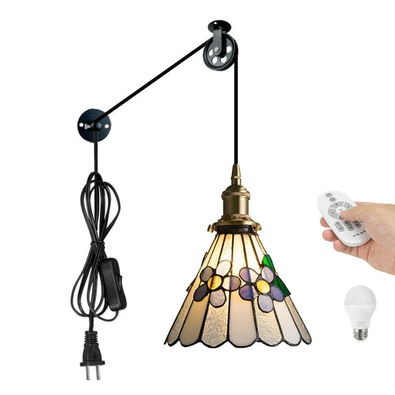 Kiven Plug in Pendant Light Adjustable Height, Tiffany Stained Glass Hanging Light Fixture with Remote and Glass Lampshade, E26 Socket Dimmable Pendant Light for Bedroom Hallway Kitchen Island
