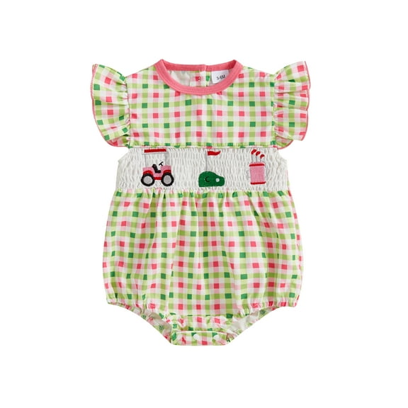 Baby Toddler Girl Romper 3 6 12 18 Months Embroidery Plaid Pattern Crew Neck Ruffled Flying Sleeve Smocked Newborn Jumpsuit Perfect for Summer