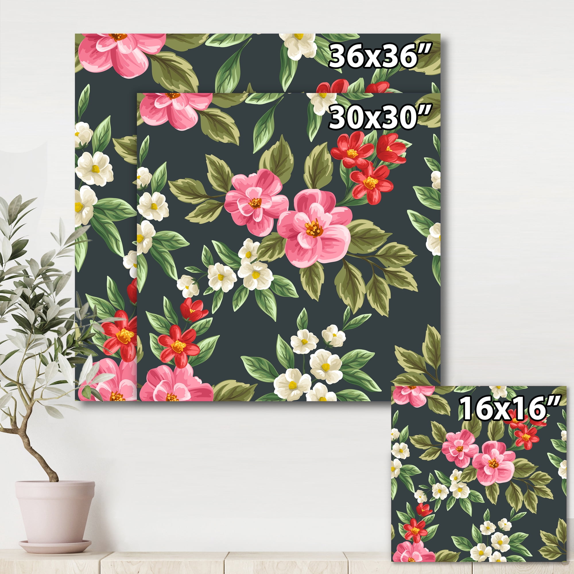 Designart ' Vintage Red and Pink Wildflowers II ' Traditional Canvas Wall Art Print