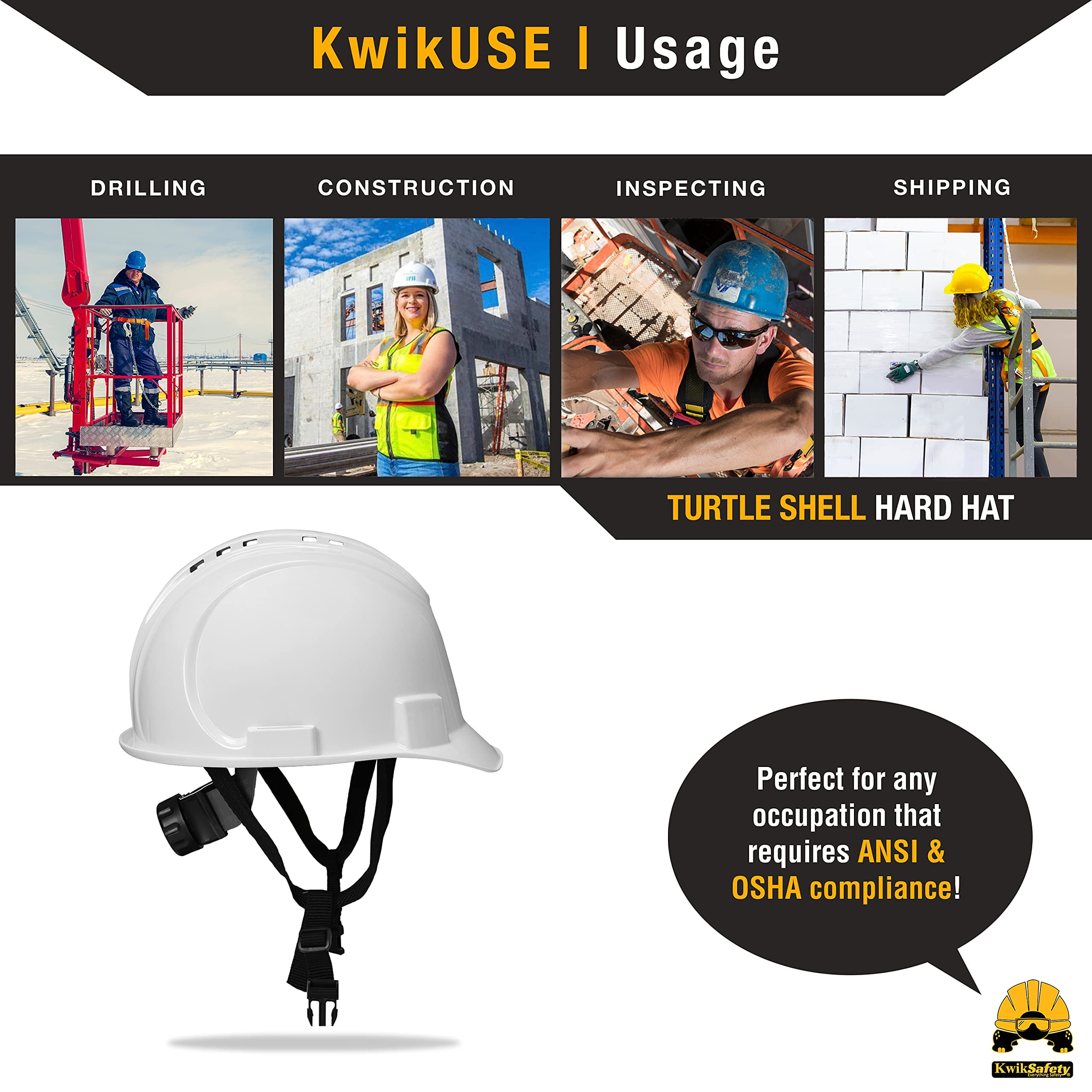 KwikSafety (Charlotte, NC) TURTLE SHELL COMBO (10 Vents) Standard Cap ANSI Hard Hat, Safety Glasses, Sunshade, Sweatband & Earplugs Construction Work PPE, Type1, Class C, WHITE