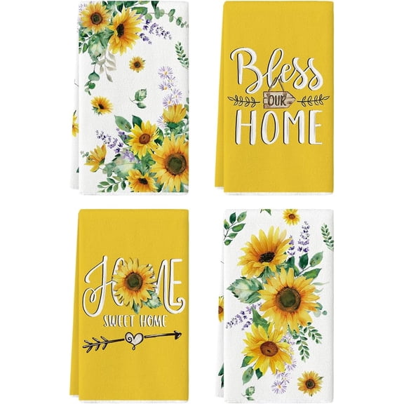 Sunflower Leaves Florals Bless Our Home Summer Kitchen Towels Dish Towels, 18x26 Inch Farmhouse Spring Decoration Cleaning Set of 4