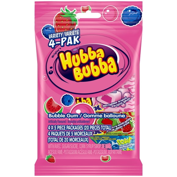 Gomme balloune Hubba Bubba de saveurs variées, 5 morceaux, emballage de 4 (4) x 5&nbsp;morceaux