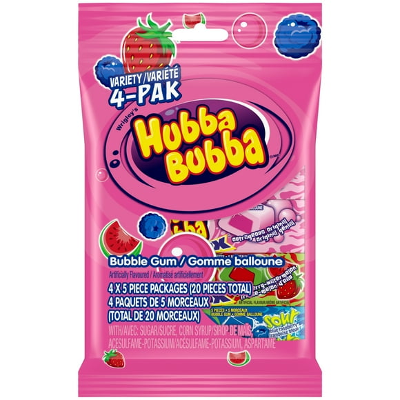 HUBBA BUBBA, Mixed Fruit Bubble Gum Variety Pack, 5 Pieces, 4Packs, (4) X 5 Pieces