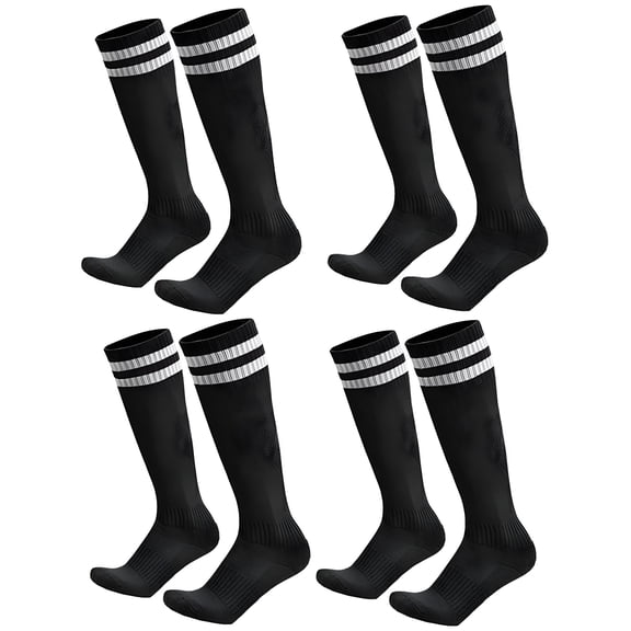 TELOLY Kids Youth Soccer Socks 4 Pairs, Solid Striped Knee High Tube Football Sports Socks for Boys Girls 6-12 Years Old (Black)