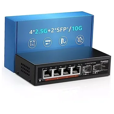 6 Port 2.5G Umanaged Ethernet Switch, 4 x 2.5G Base-T Ports, 2 x 10G SFP, Compatible with 100/1000/2500Mbps, Metal Fanless, Desktop/Wall Mount YuanLey 2.5Gbe Network Switch for Wireless AP, NAS, PC