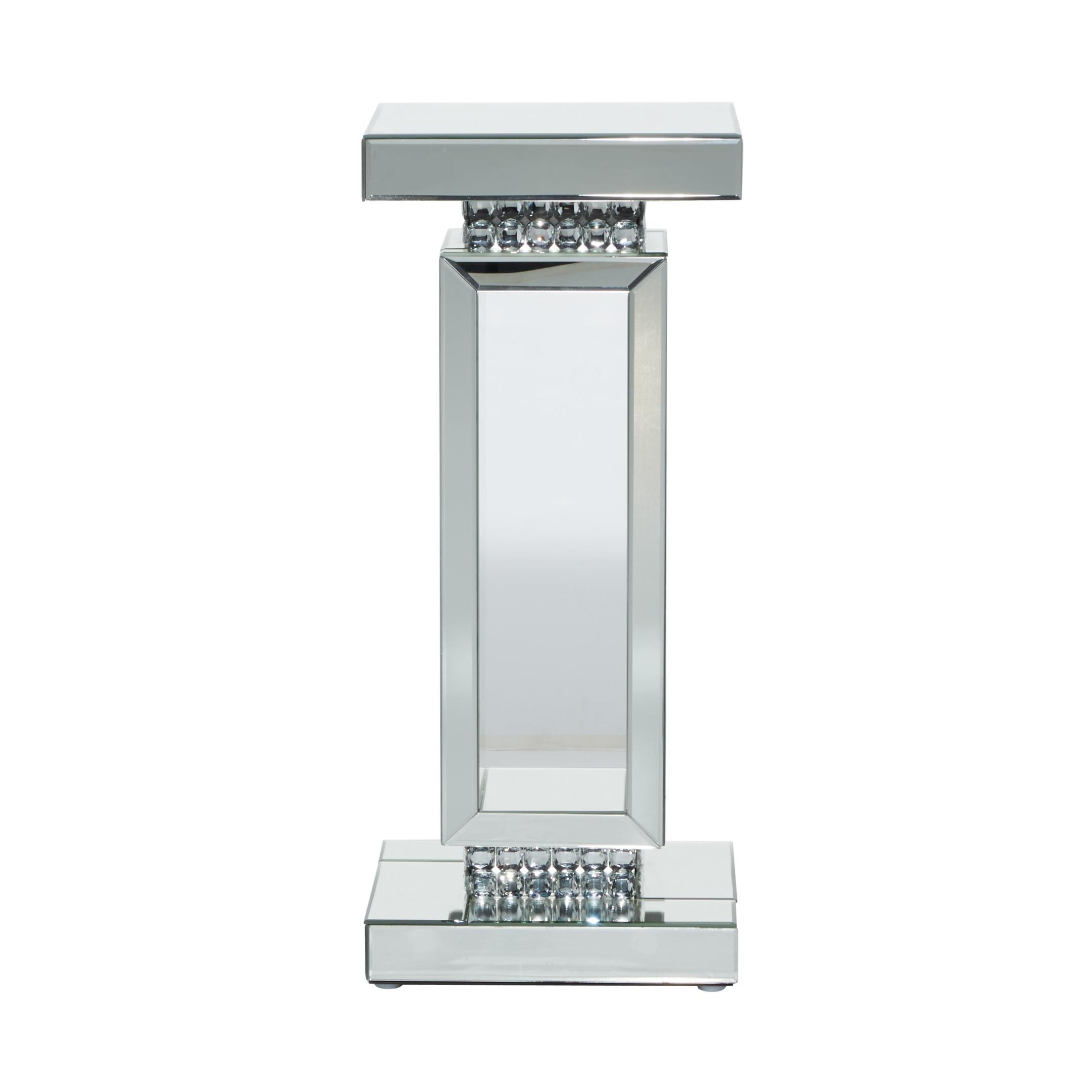 DecMode 12" x 28" Silver Glass Cutout Mirrored Pedestal Table with Beaded Crystal Accents, 1-Piece