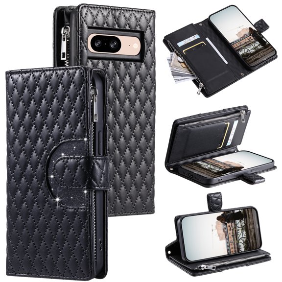 for Google Pixel 8a Wallet Case, Classic PU Leather Phone Case for Women Men with Zipper Credit Card Holder Wrist Strap Crossbody Strap Shockproof Flip Case for Google Pixel 8a, Black