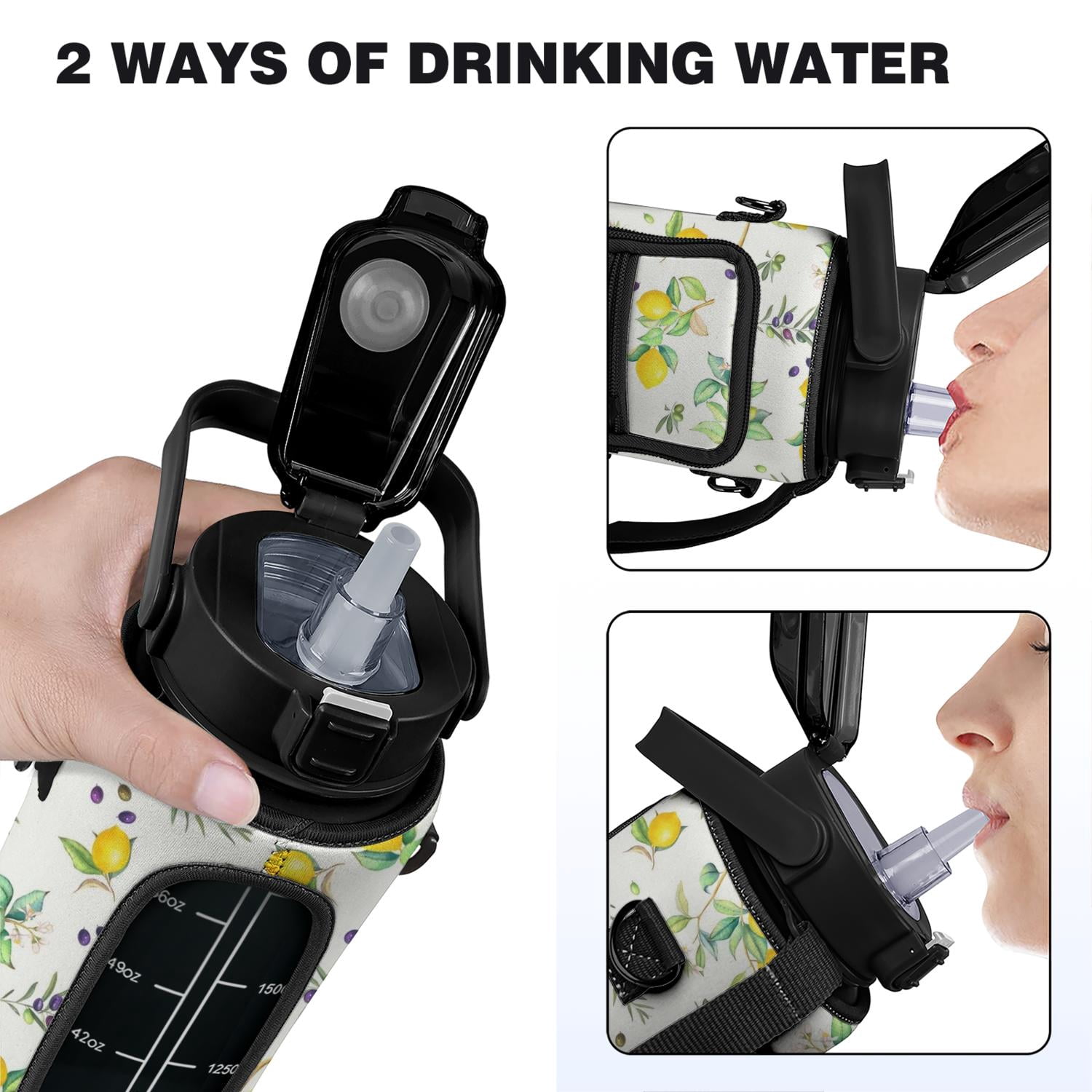 Lemon 64 Oz Half Gallon Water Bottle with Sleeve - BPA Free Leakproof Sport Large Plastic Water Bottle with Straw Strap & Insulated Neoprene Holder Carrier Bag Great Gift for Women Men
