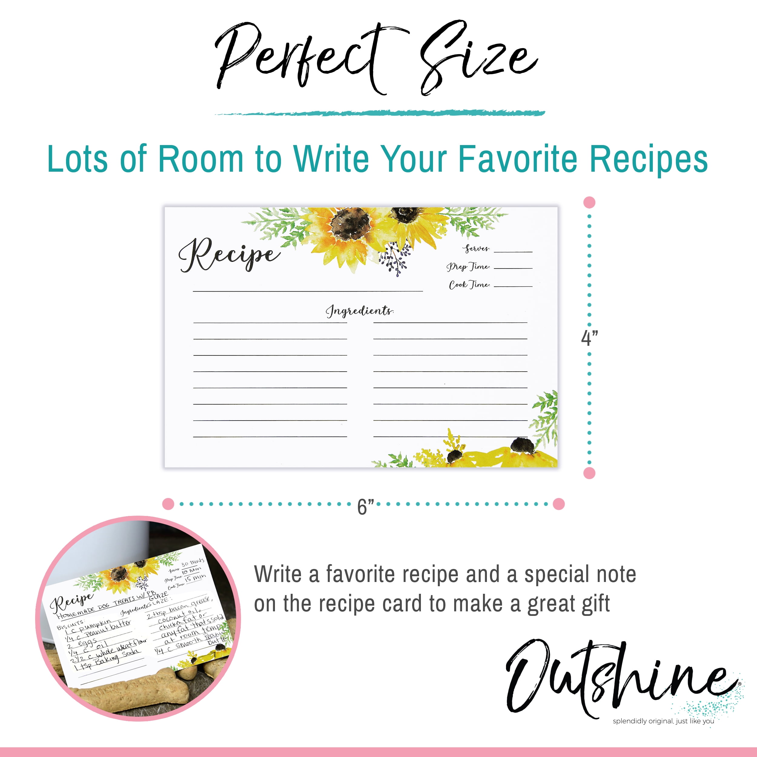 Outshine Co Premium Recipe Card Dividers 4x6 with Tabs, Sunflower Design (Set of 24)