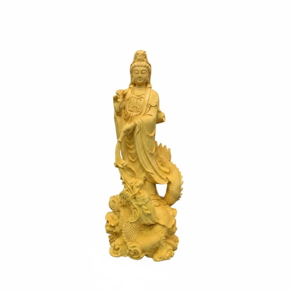 Lazsy Dragon Guanyin Sculpture Religious Guanyin Statue Buddha Statue Boxwood Woodgrain Elegant 17 Cm for Buddhists Living Room and Prayer Shelf Display