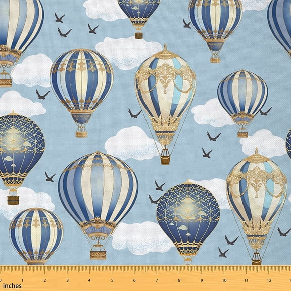 jejeloiu Hot Air Balloon Fabric by the Yard 3 Yards,Retro Print Sewing Fabric,Blue White Stripes Fabric for Sewing For Teens,Super Cozy Room Decor