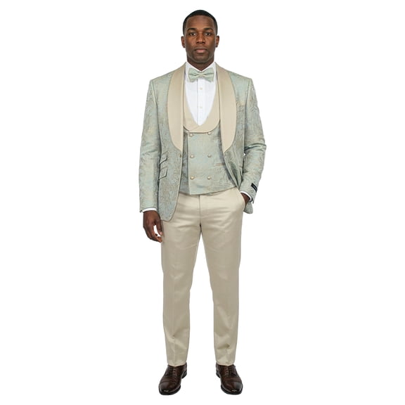 Men's Skinny Fit 3pc Floral Jacquard Tuxedo Suit Set, Satin Shawl Collar