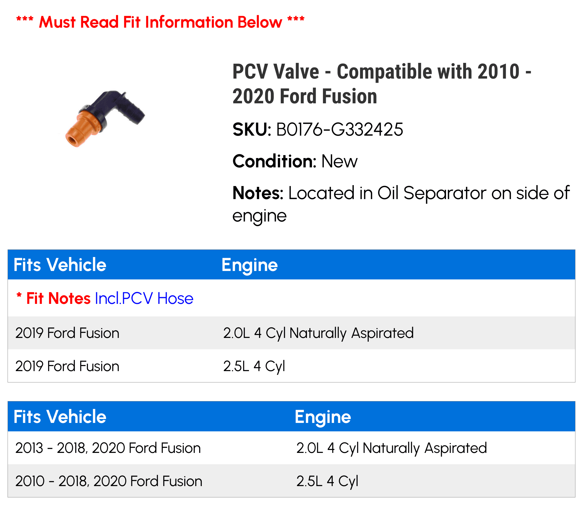 PCV Valve - Compatible with 2010 - 2020 Ford Fusion 2011 2012 2013 2014 2015 2016 2017 2018 2019