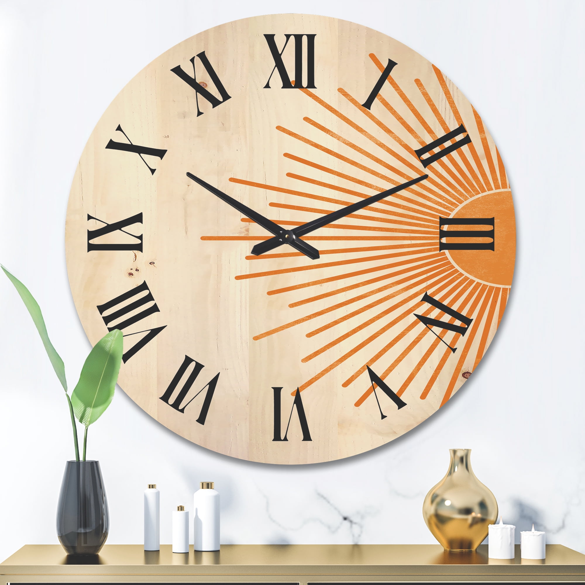 Designart 'Orange Sun Print On Beige I' Modern Wood Wall Clock