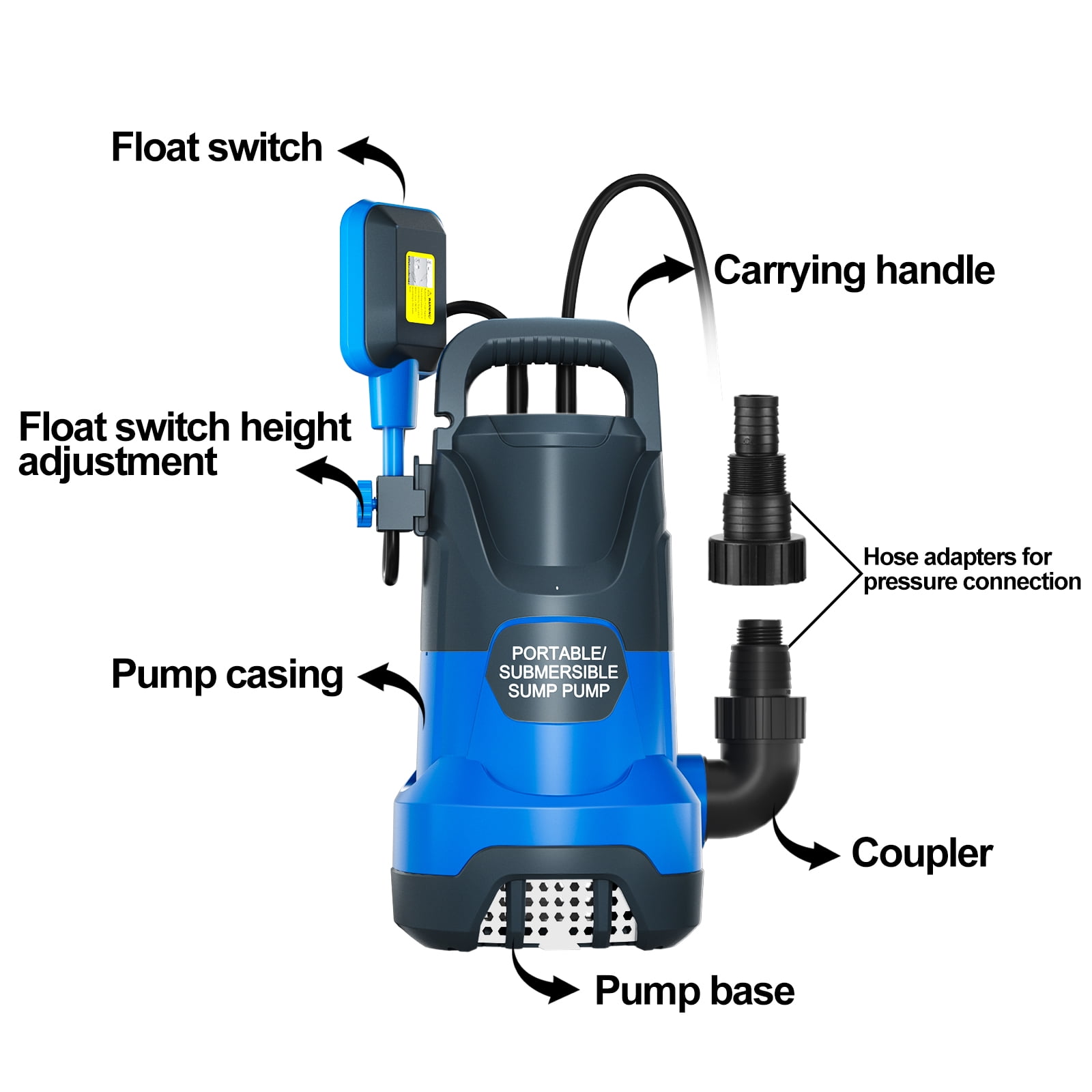 Sump Pump Submersible Water Pump 1HP 3700GPH with Float Switch Portable Water Transfer Pump Electric for Pool Draining Hot Tub Basement Utility Pumps
