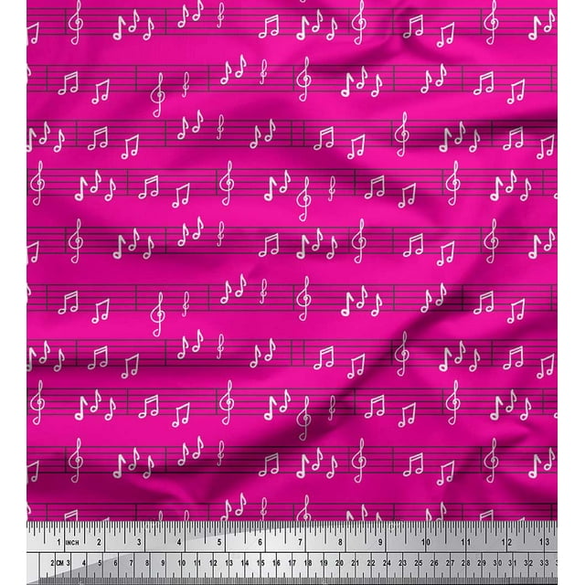 Soimoi Pink Cotton Cambric Fabric Notes Musical Instrument Printed Fabric 1 Yard 42 Inch Wide