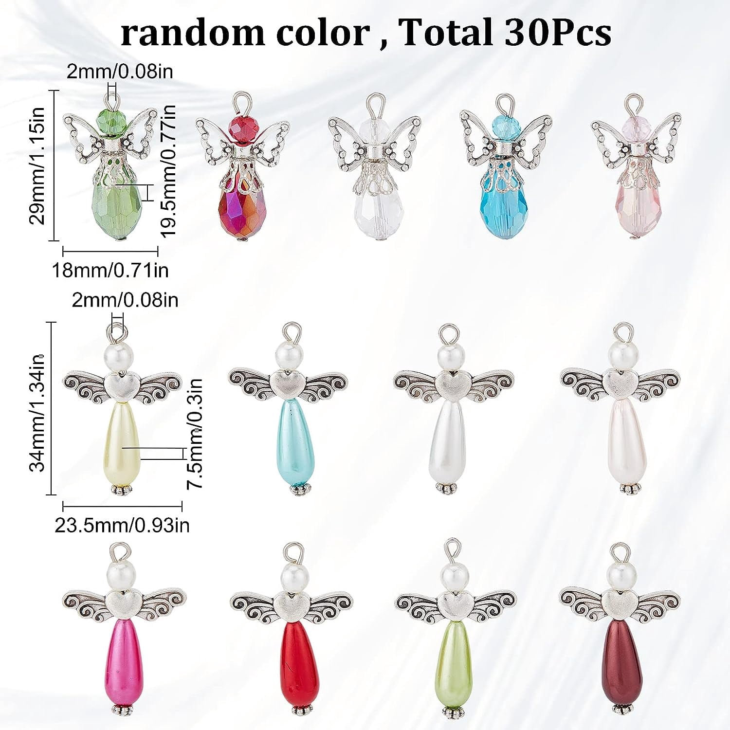 1 Box 60Pcs Angel Charms Angel Beads Beading Guardian Charm Beaded Wings Faceted Glass for Jewelry Making Party Favor Gift DIY Necklace Earring Keychain Craft Mixed Color Mixed Color
