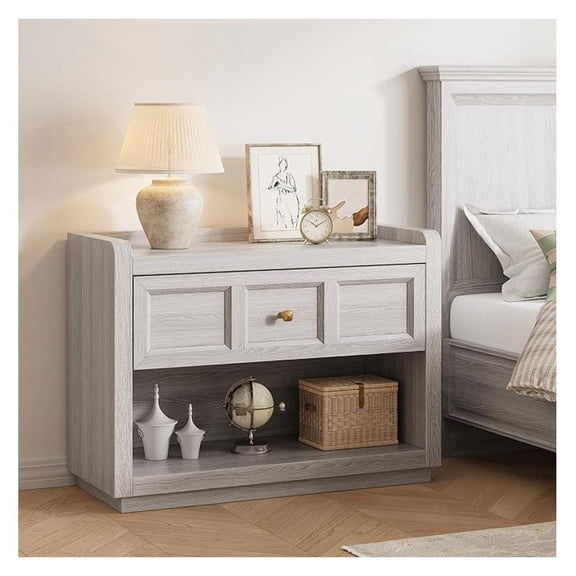 31" Nightstands with Drawer Storage, Oversized King Size Night Stand Bedside Table, Farmhouse End Table with Round Corners for Bedroom Sofa Couch Home Office, Grey White Oak