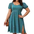 thumbnail image 3 of TaTaai Womens Bohemian Multi Color Short Sleeve Dress Round Neck Puff Sleeve Split Hem Casual Fashion Breathable Soft Dress for Vacation Daily Gift, 3 of 6