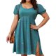 thumbnail image 3 of TaTaai Womens Bohemian Multi Color Short Sleeve Dress Round Neck Puff Sleeve Split Hem Casual Fashion Breathable Soft Dress for Vacation Daily Gift, 3 of 6